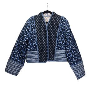 Reversible Quilted Patchwork Jacket Blue Pink Paisley Floral Cropped Open XL